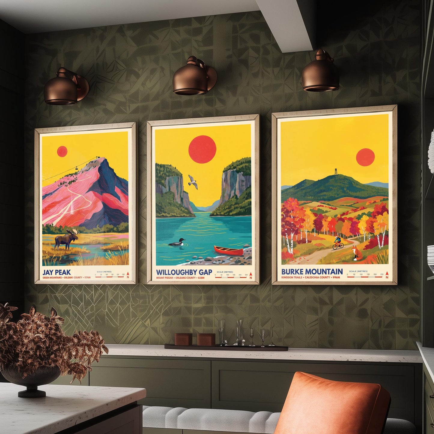 Northeast Kingdom Vermont Set of Three Art Prints - Jay Peak, Willoughby Gap, Burke Mountain - New England Travel Posters Painting