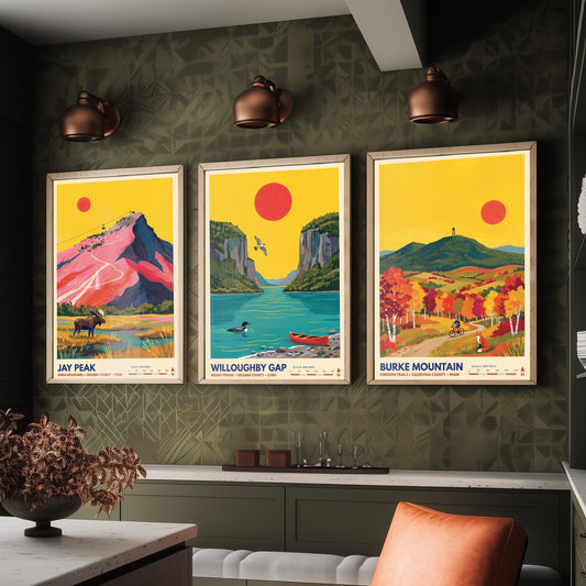 Northeast Kingdom Vermont Set of Three Art Prints - Jay Peak, Willoughby Gap, Burke Mountain - New England Travel Posters Painting