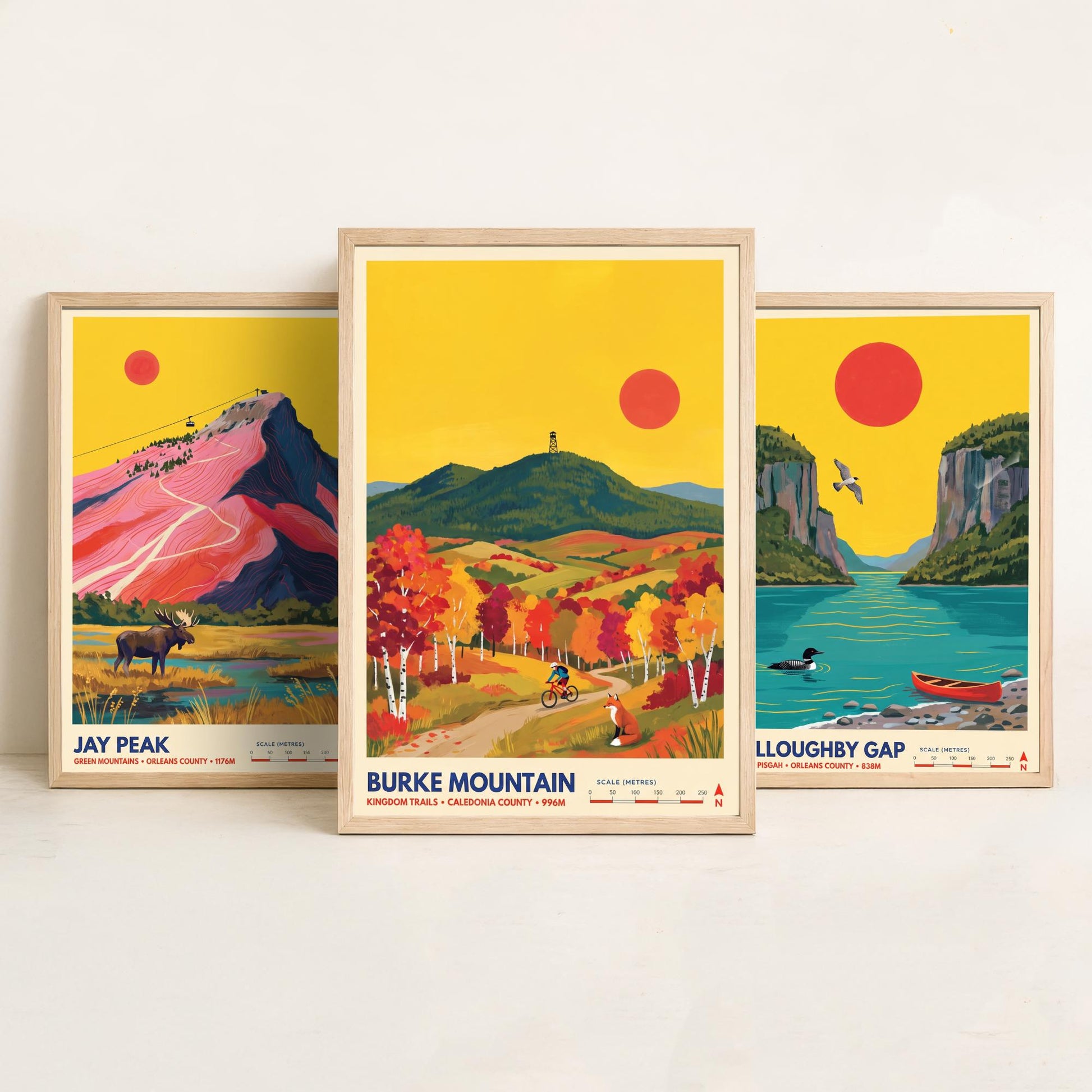Northeast Kingdom Vermont Set of Three Art Prints - Jay Peak, Willoughby Gap, Burke Mountain - New England Travel Posters Painting