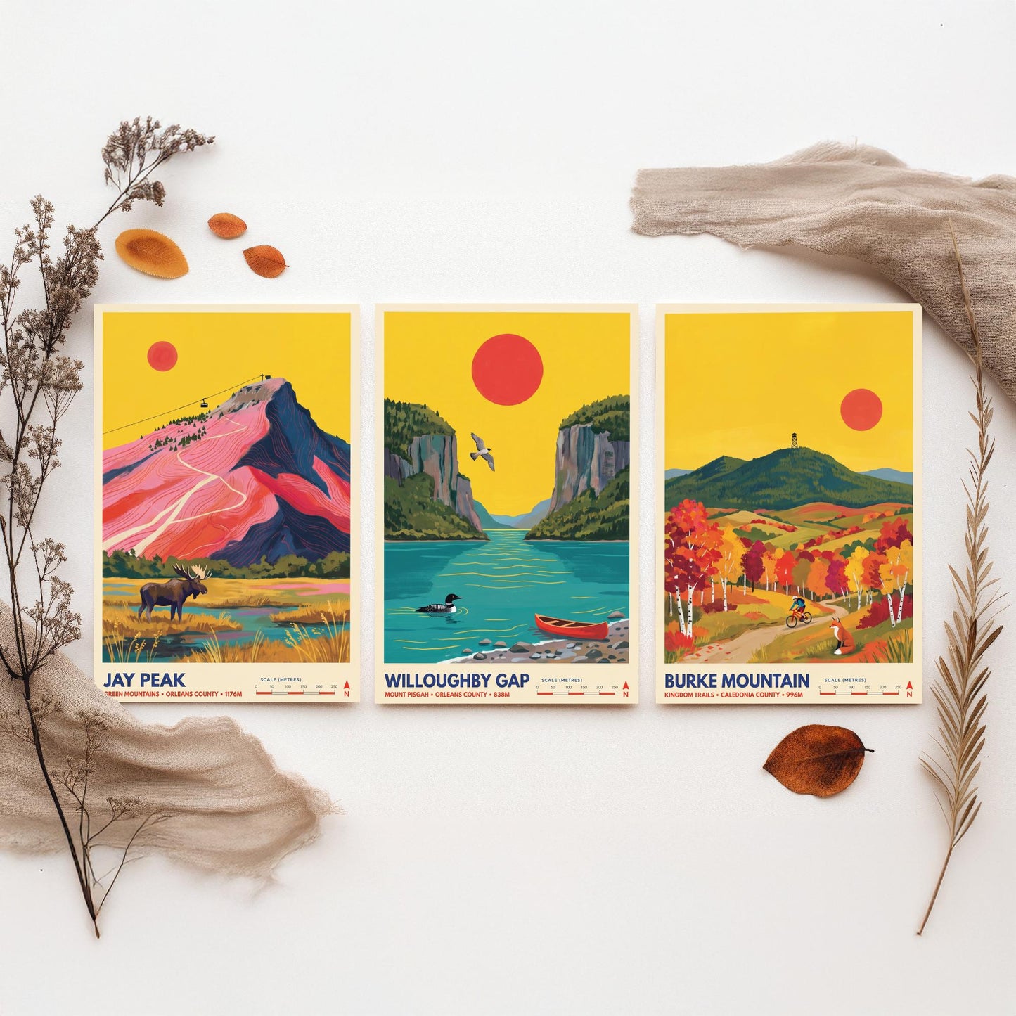 Northeast Kingdom Vermont Set of Three Art Prints - Jay Peak, Willoughby Gap, Burke Mountain - New England Travel Posters Painting