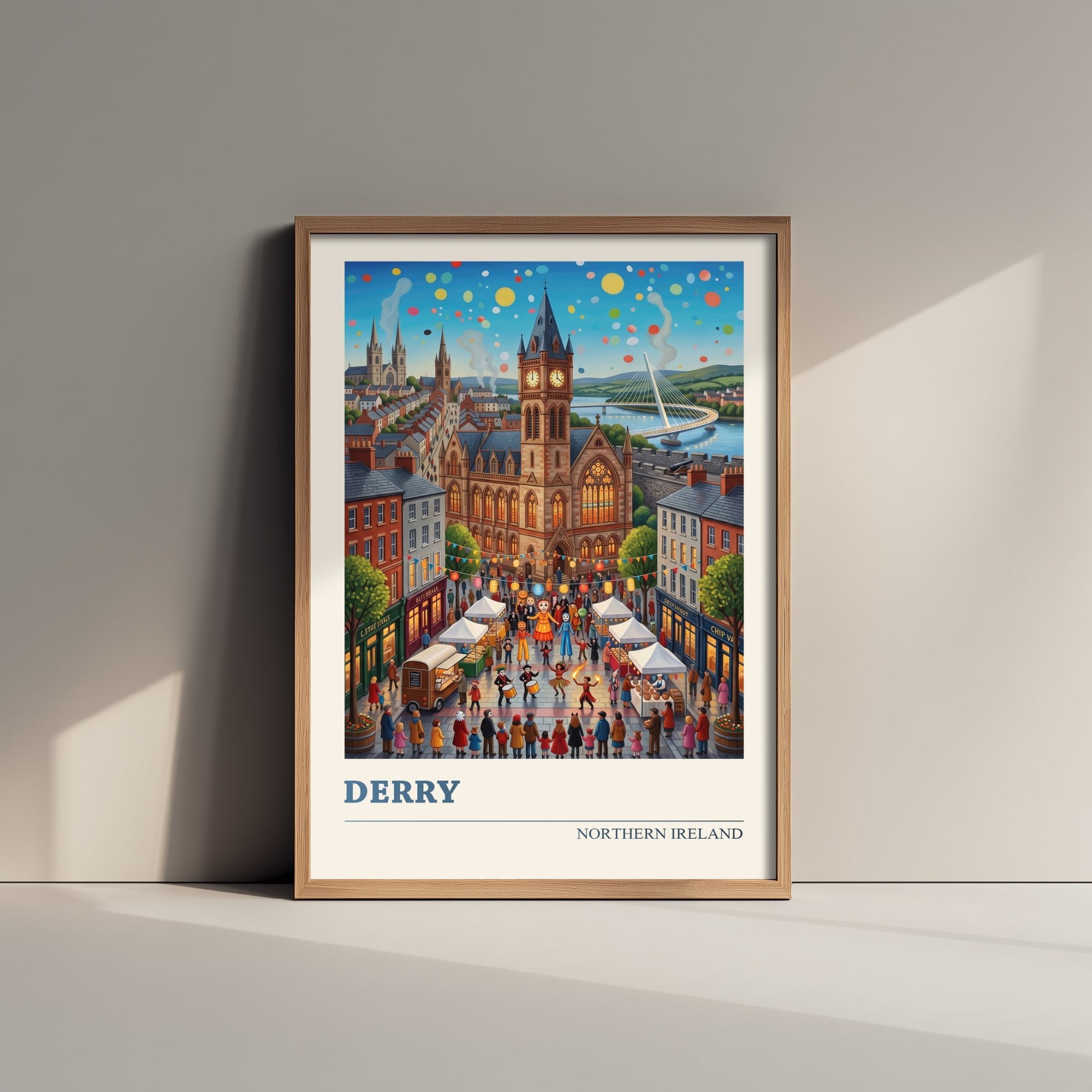 Derry Northern Ireland Travel Poster - Guildhall Art Print - Halloween Festival Folk Illustration - Peace Bridge Foyle 1/3