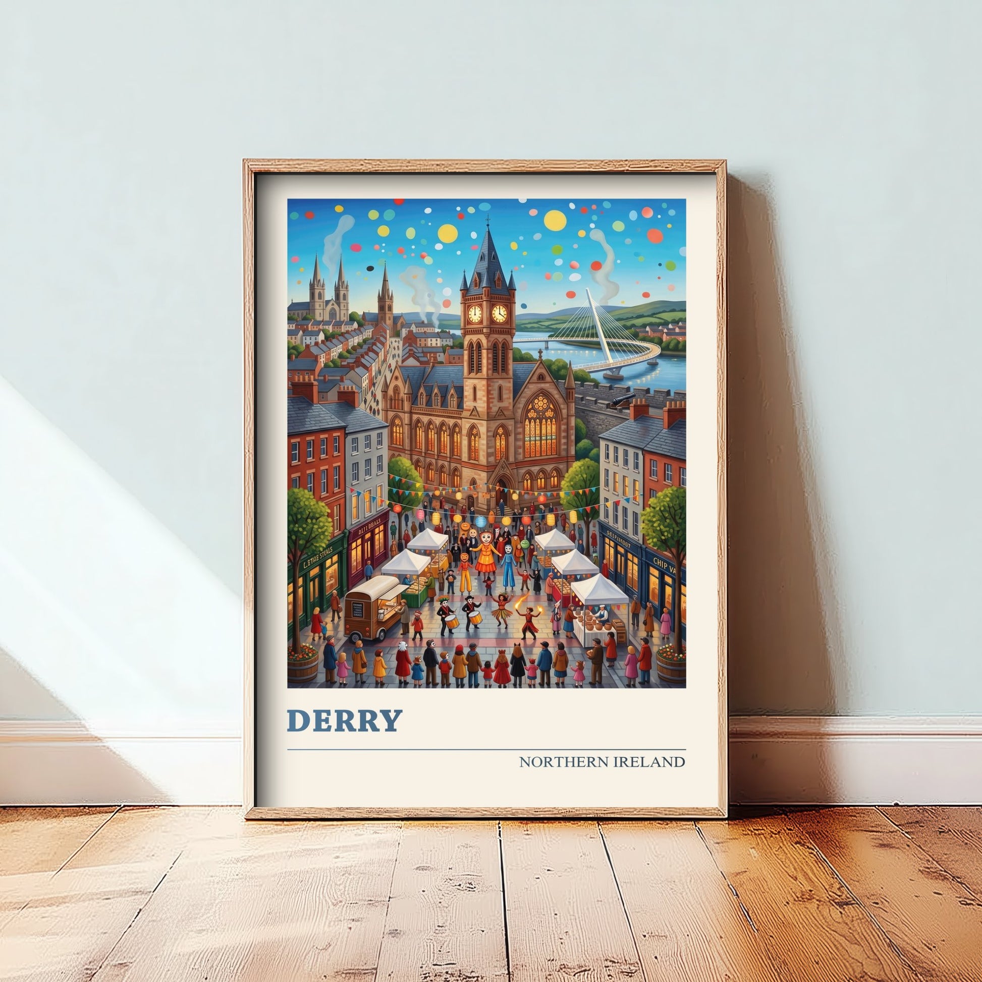 Derry Northern Ireland Travel Poster - Guildhall Art Print - Halloween Festival Folk Illustration - Peace Bridge Foyle 1/3