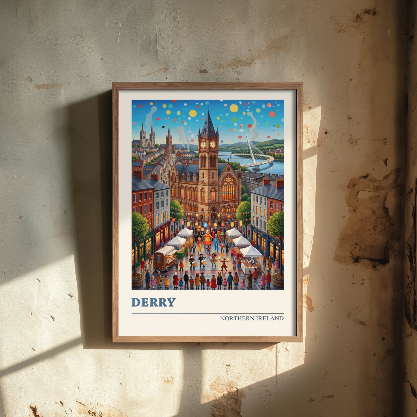 Derry Northern Ireland Travel Poster - Guildhall Art Print - Halloween Festival Folk Illustration - Peace Bridge Foyle 1/3