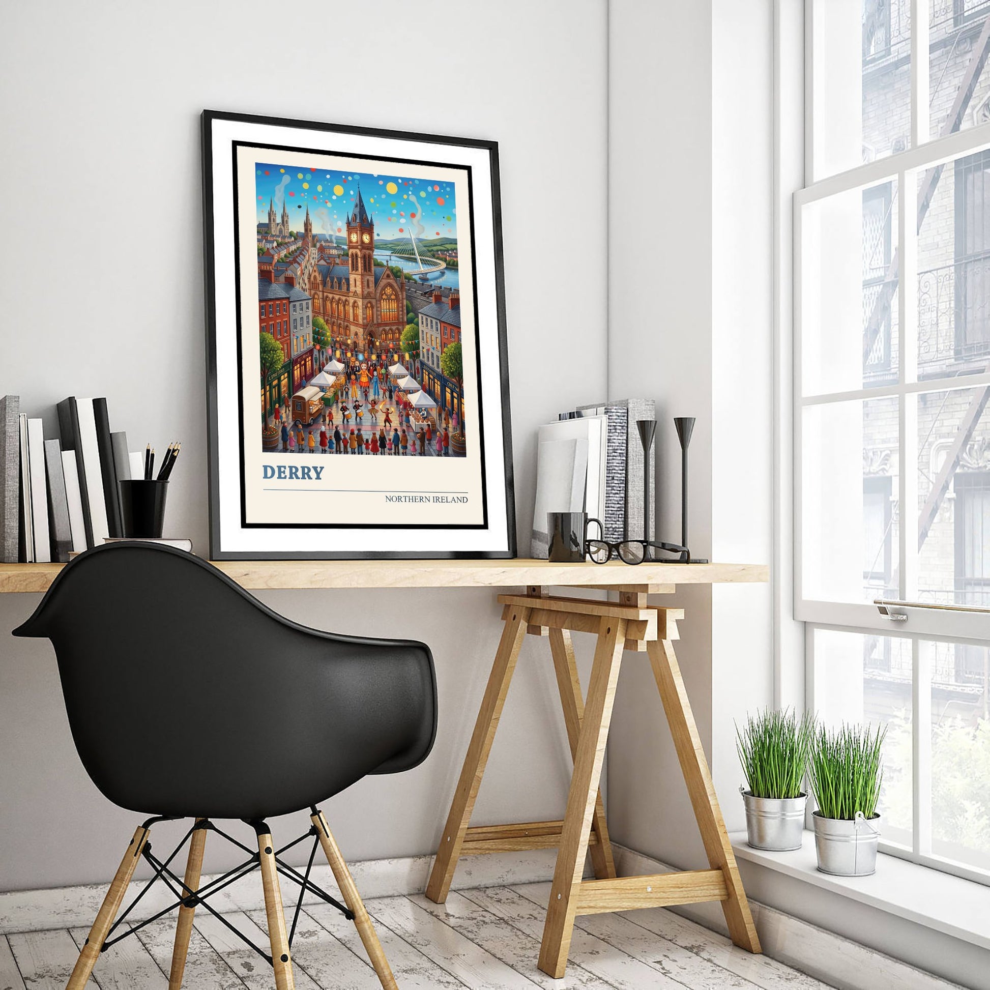 Derry Northern Ireland Travel Poster - Guildhall Art Print - Halloween Festival Folk Illustration - Peace Bridge Foyle 1/3