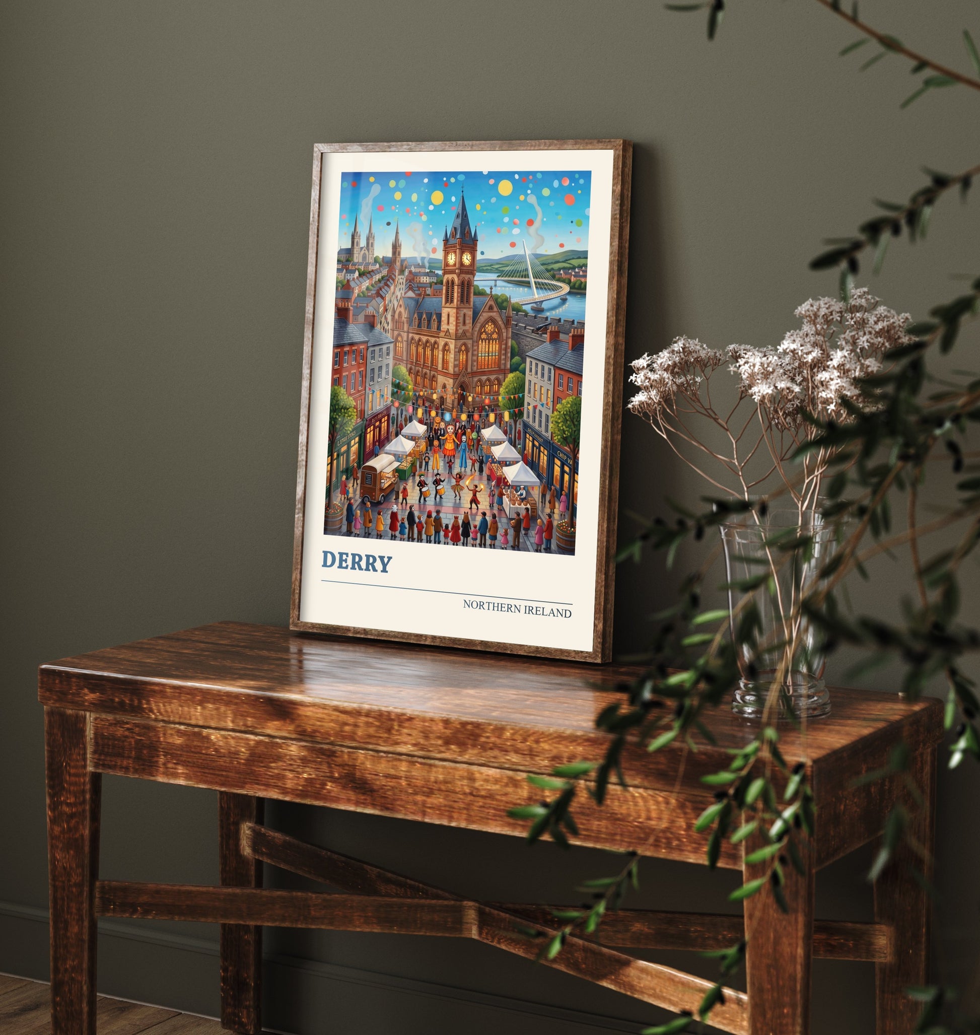 Derry Northern Ireland Travel Poster - Guildhall Art Print - Halloween Festival Folk Illustration - Peace Bridge Foyle 1/3