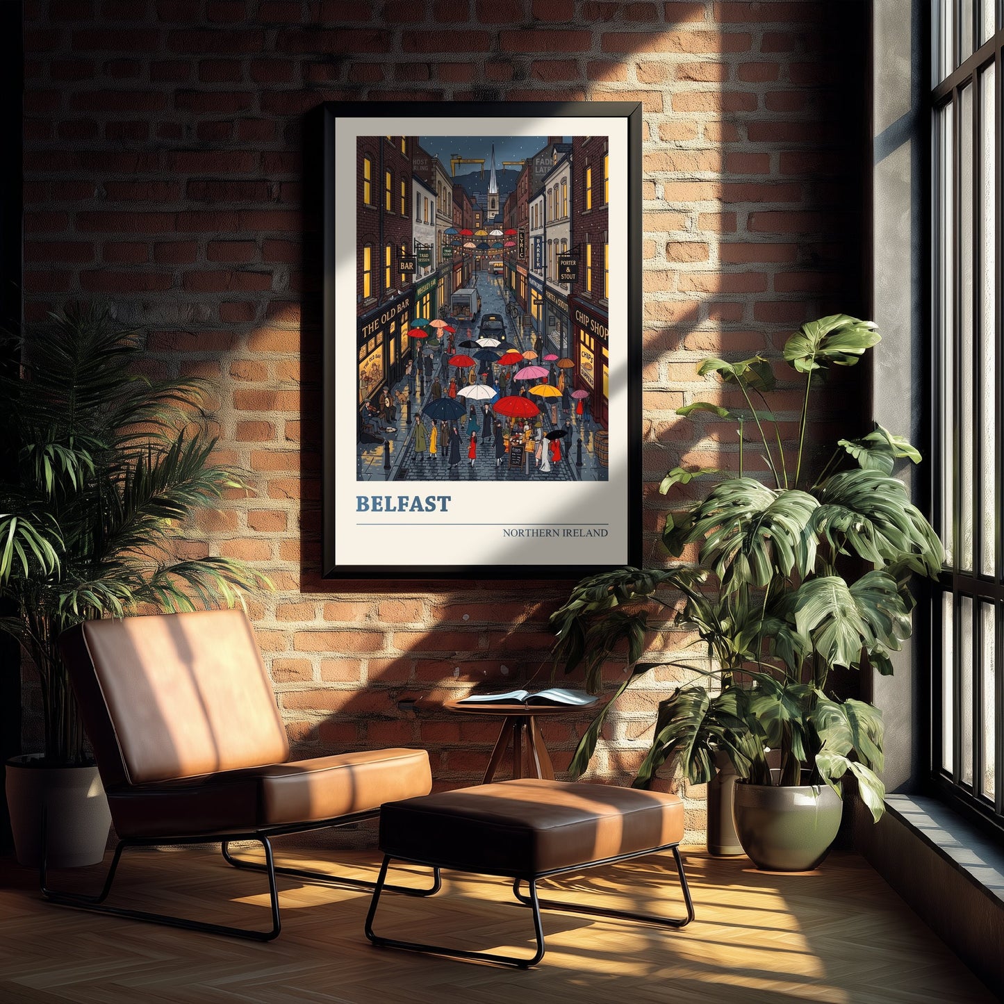 Belfast Northern Ireland Travel Poster - Rainy Night Street Art Print - Cathedral Quarter Folk Illustration - Umbrellas 2/3