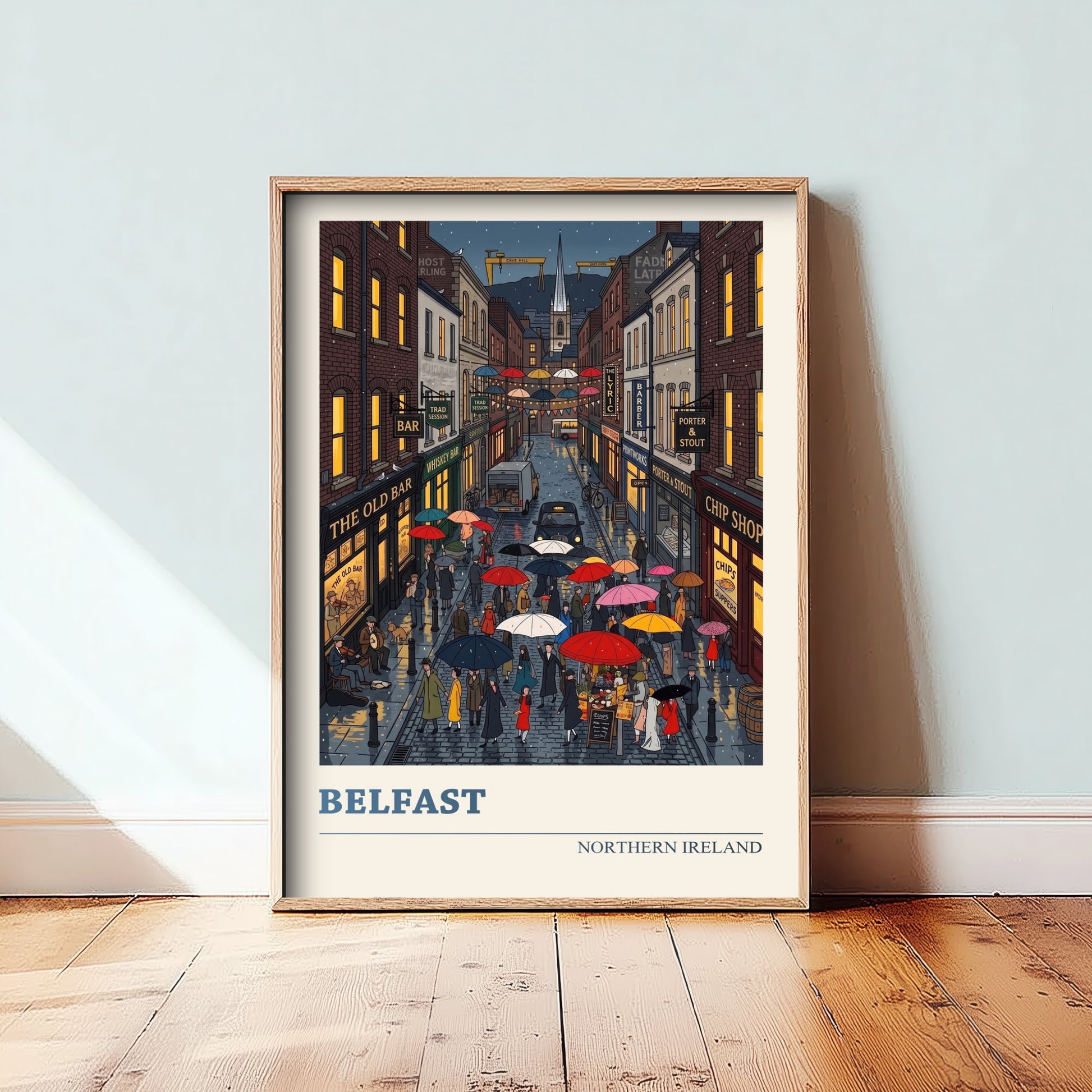 Belfast Northern Ireland Travel Poster - Rainy Night Street Art Print - Cathedral Quarter Folk Illustration - Umbrellas 2/3