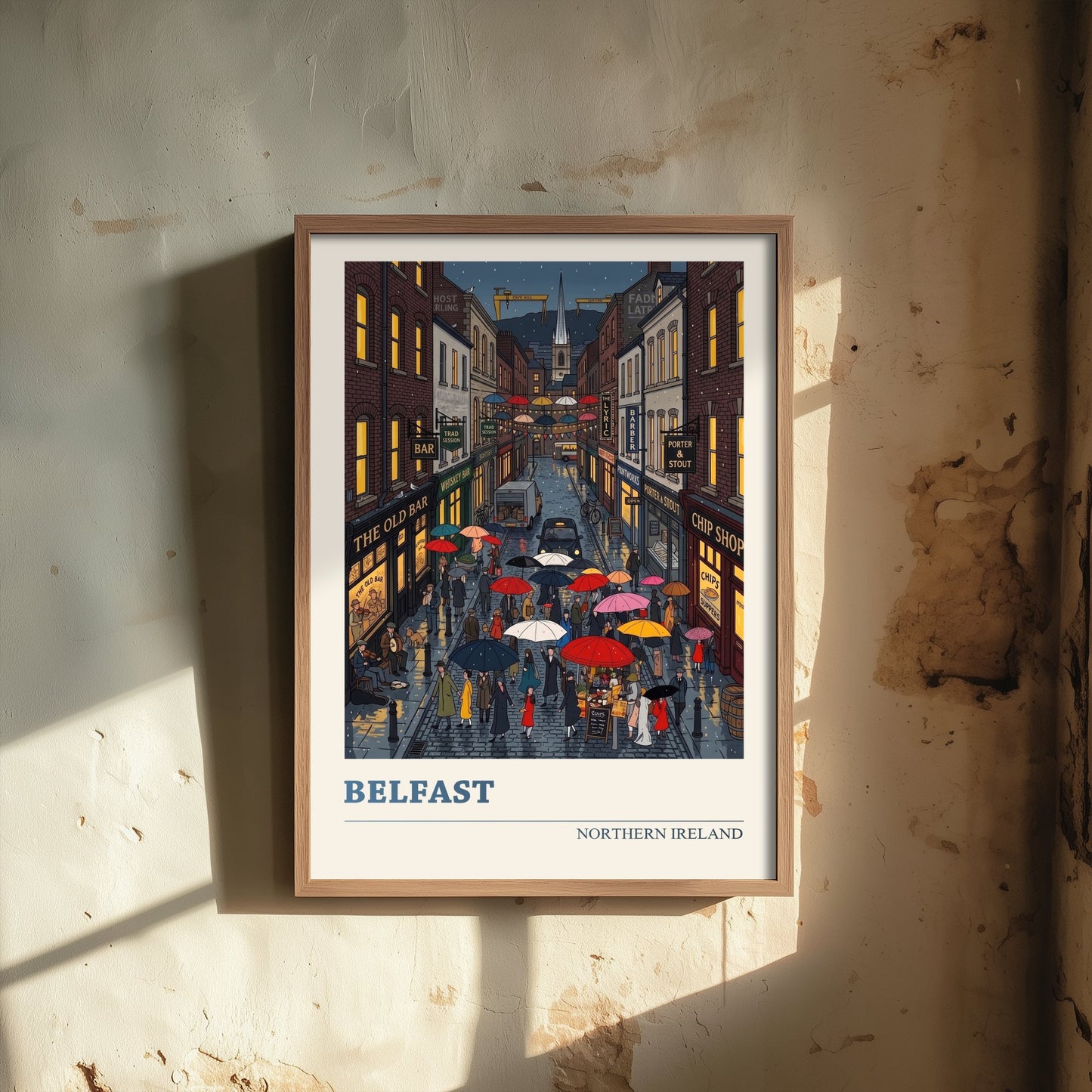 Belfast Northern Ireland Travel Poster - Rainy Night Street Art Print - Cathedral Quarter Folk Illustration - Umbrellas 2/3