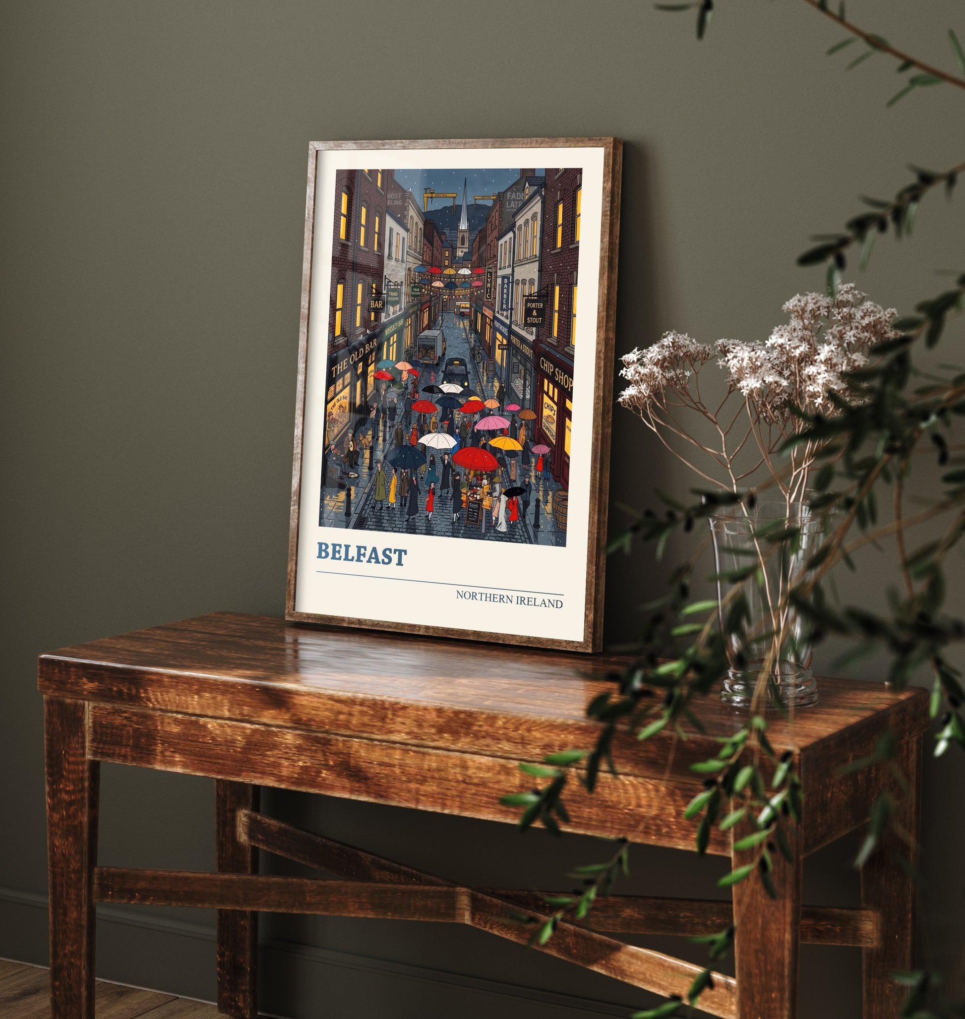 Belfast Northern Ireland Travel Poster - Rainy Night Street Art Print - Cathedral Quarter Folk Illustration - Umbrellas 2/3