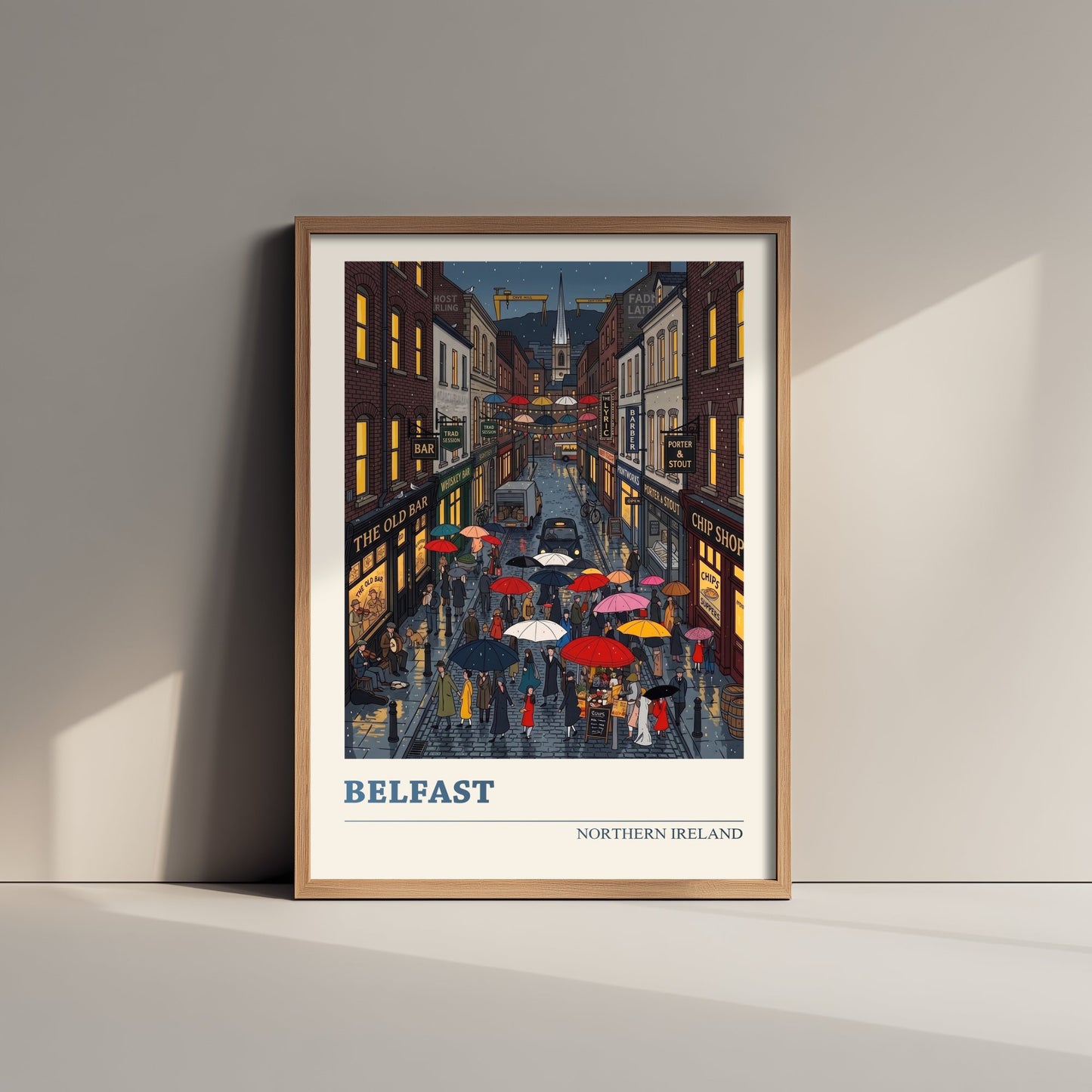 Belfast Northern Ireland Travel Poster - Rainy Night Street Art Print - Cathedral Quarter Folk Illustration - Umbrellas 2/3