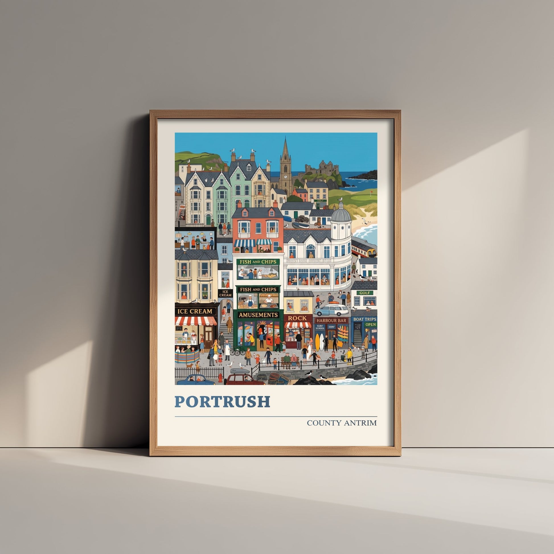 Portrush County Antrim Travel Poster - Seaside Town Art Print - Fish and Chips Folk Illustration - Antrim Coast Beach 3/3
