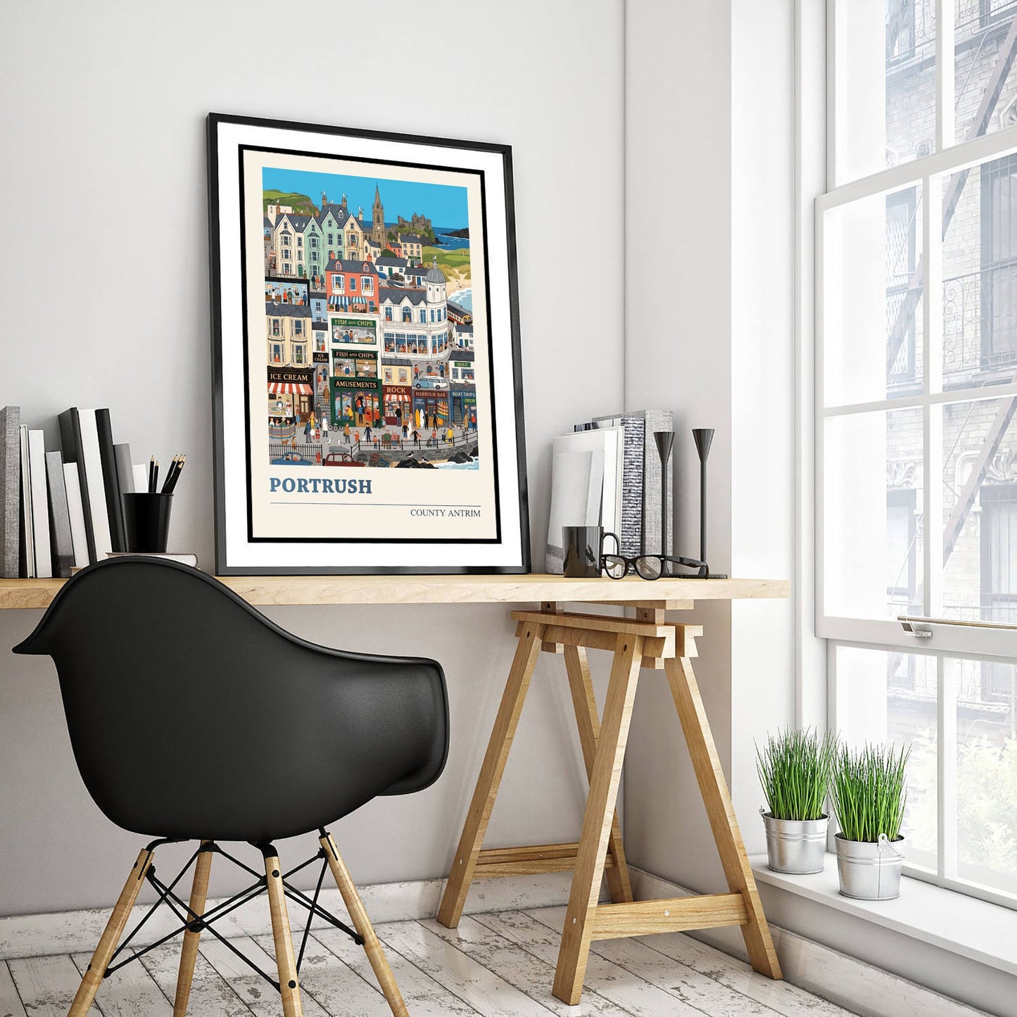 Portrush County Antrim Travel Poster - Seaside Town Art Print - Fish and Chips Folk Illustration - Antrim Coast Beach 3/3