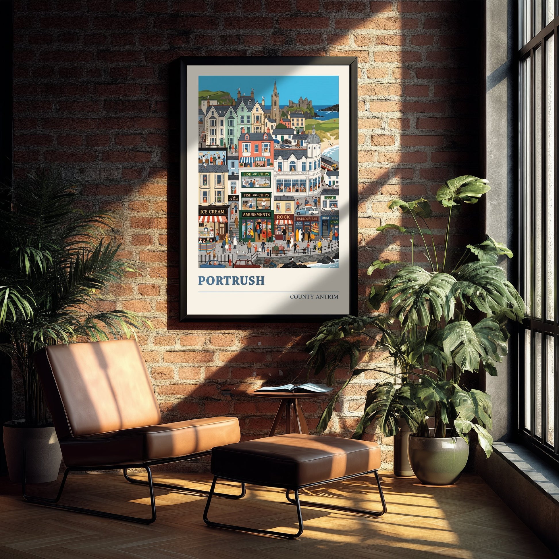 Portrush County Antrim Travel Poster - Seaside Town Art Print - Fish and Chips Folk Illustration - Antrim Coast Beach 3/3
