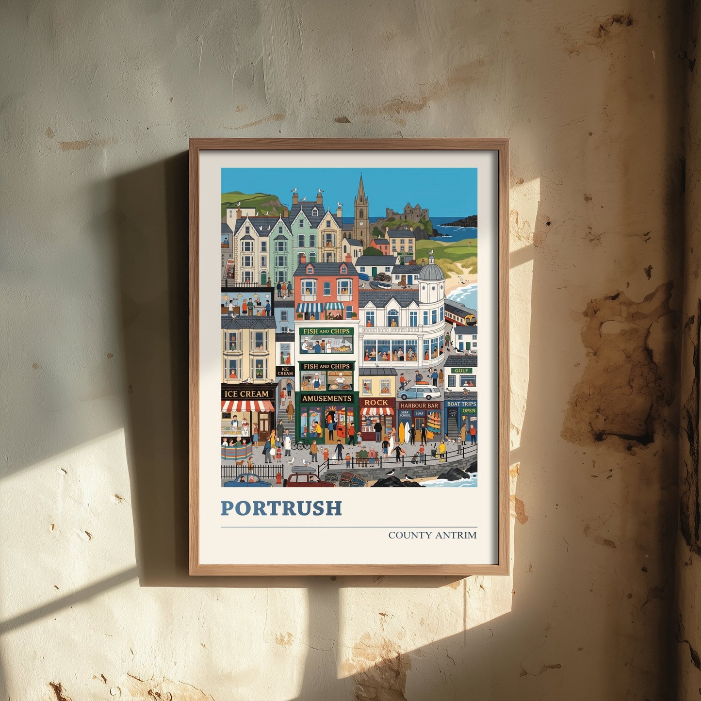 Portrush County Antrim Travel Poster - Seaside Town Art Print - Fish and Chips Folk Illustration - Antrim Coast Beach 3/3