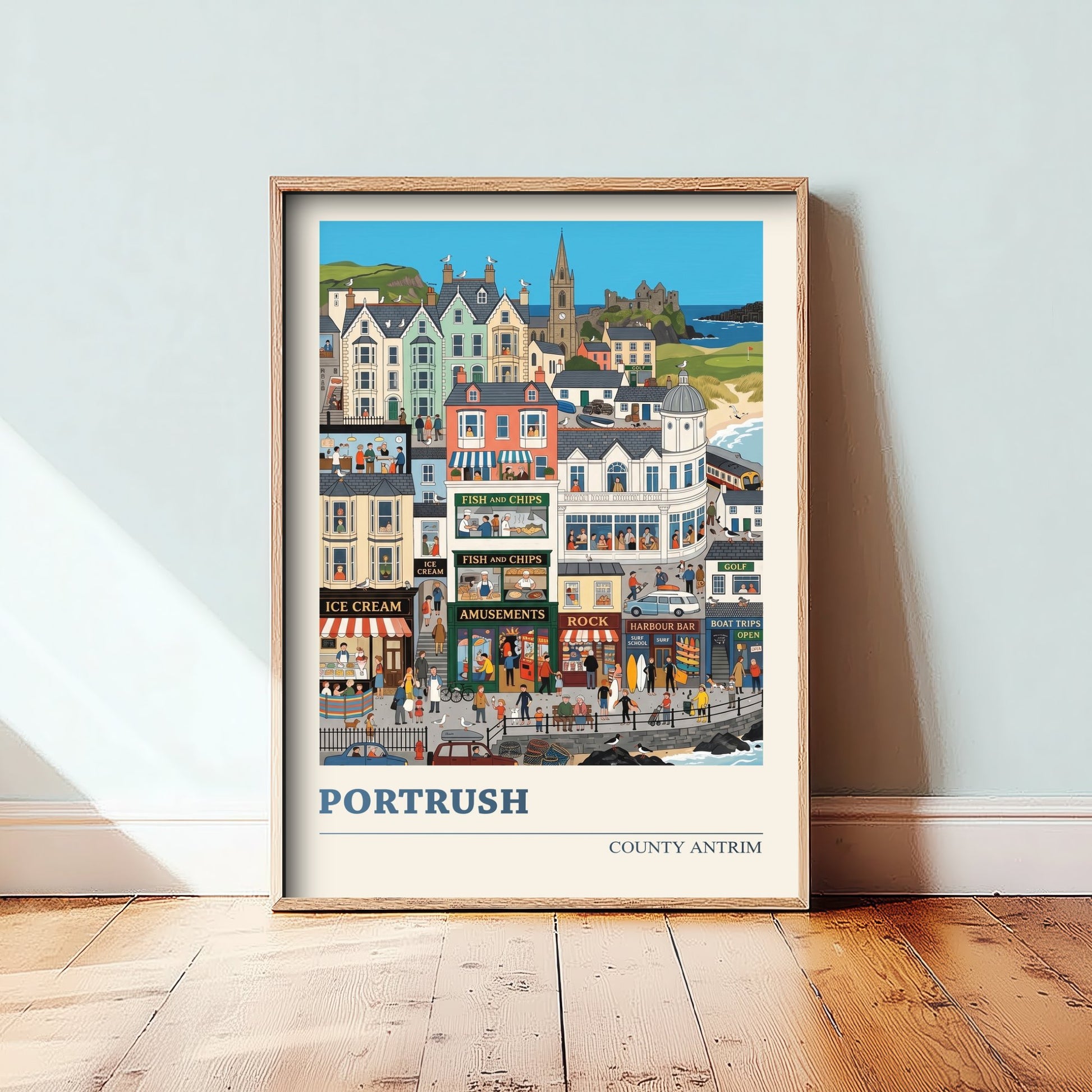 Portrush County Antrim Travel Poster - Seaside Town Art Print - Fish and Chips Folk Illustration - Antrim Coast Beach 3/3