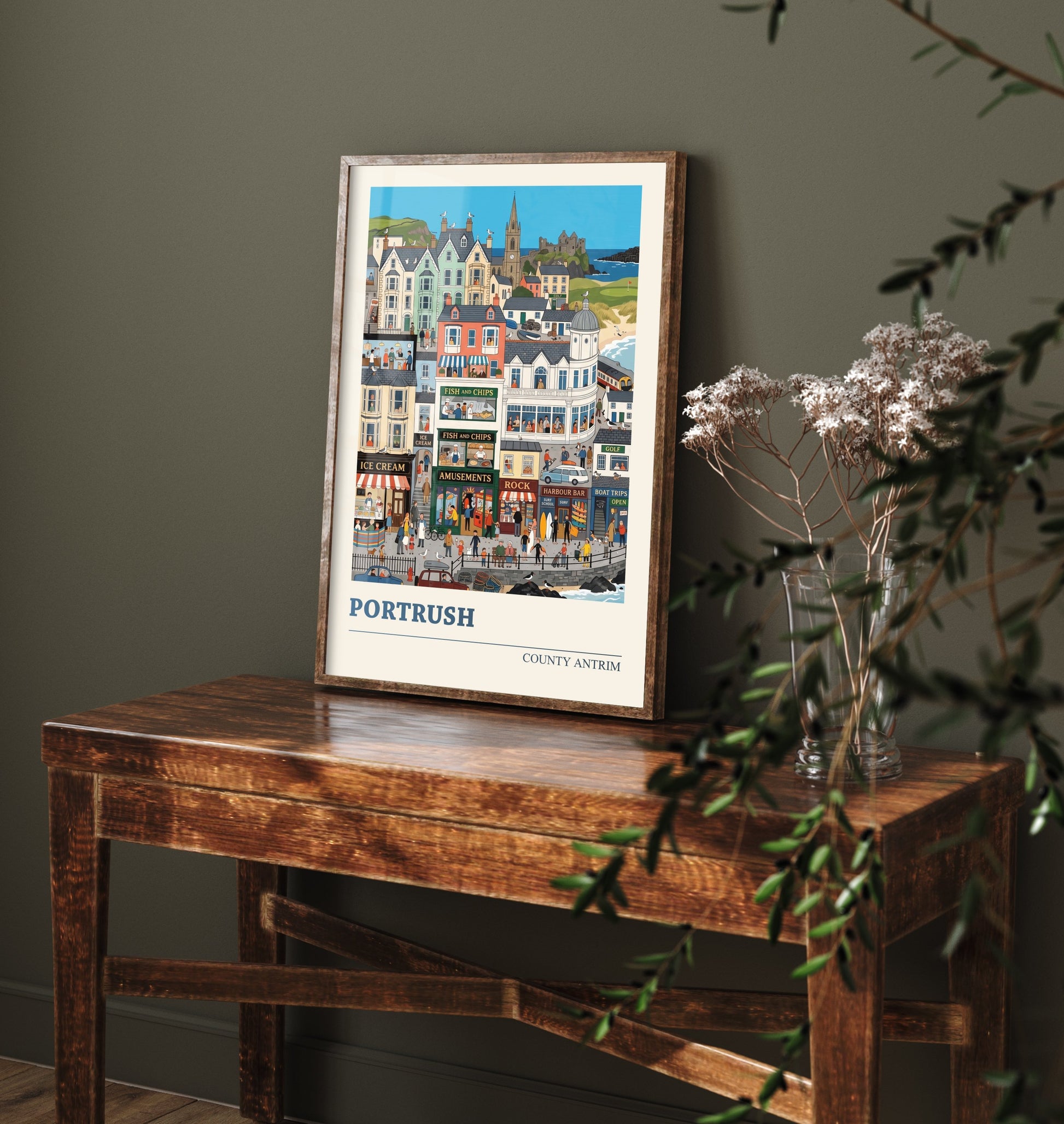 Portrush County Antrim Travel Poster - Seaside Town Art Print - Fish and Chips Folk Illustration - Antrim Coast Beach 3/3