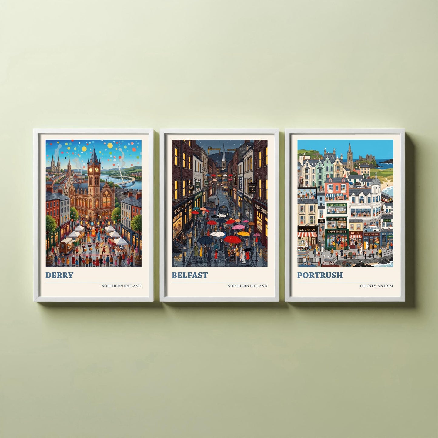 Northern Ireland Set of Three Art Prints - Derry, Belfast, Portrush - 3 Colourful Folk Illustration Travel Posters - Ulster Painting