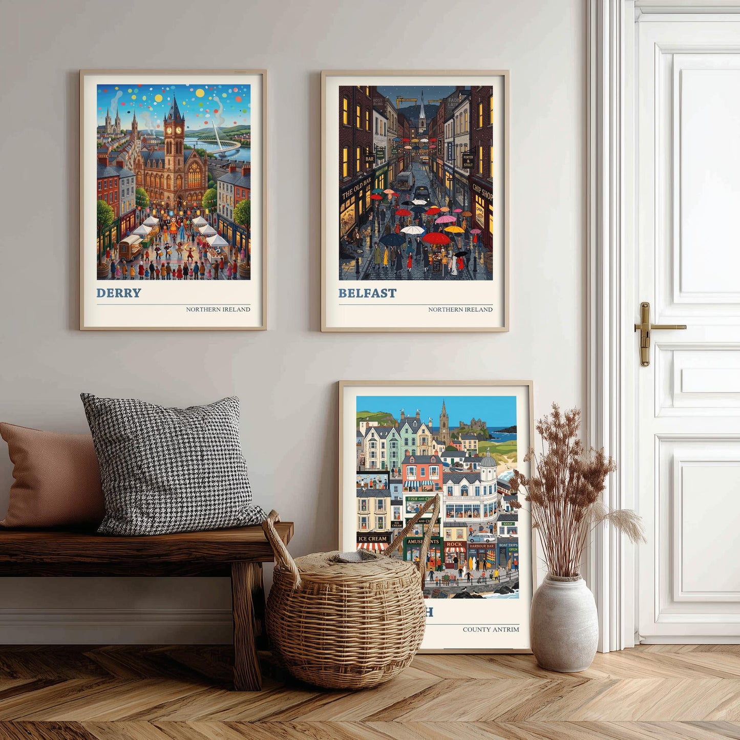 Northern Ireland Set of Three Art Prints - Derry, Belfast, Portrush - 3 Colourful Folk Illustration Travel Posters - Ulster Painting