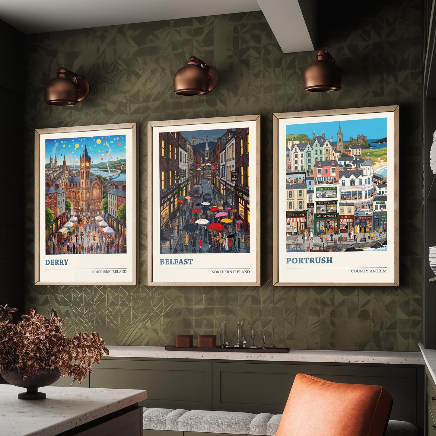 Northern Ireland Set of Three Art Prints - Derry, Belfast, Portrush - 3 Colourful Folk Illustration Travel Posters - Ulster Painting