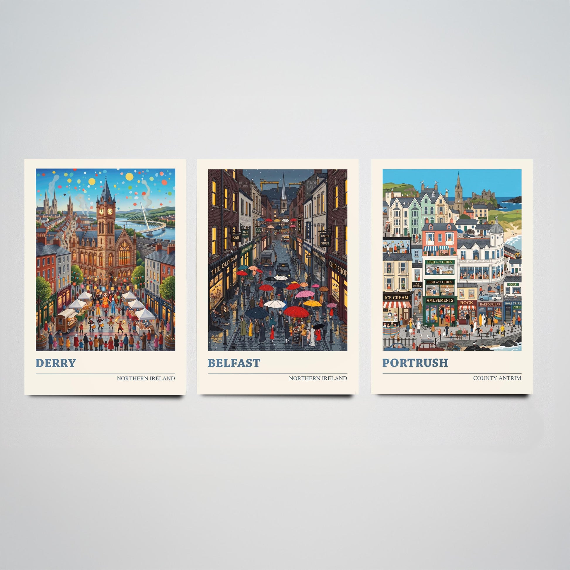 Northern Ireland Set of Three Art Prints - Derry, Belfast, Portrush - 3 Colourful Folk Illustration Travel Posters - Ulster Painting