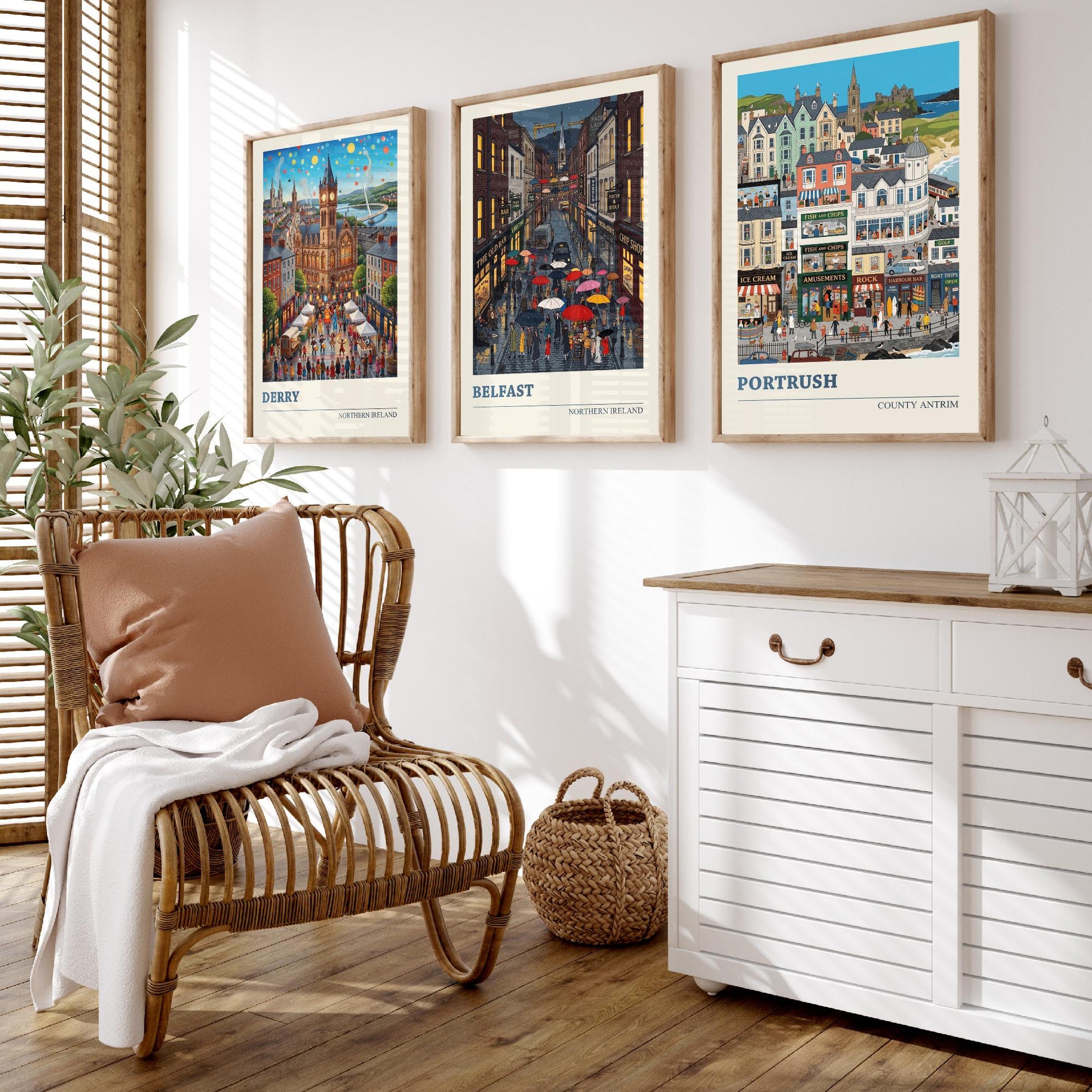 Northern Ireland Set of Three Art Prints - Derry, Belfast, Portrush - 3 Colourful Folk Illustration Travel Posters - Ulster Painting