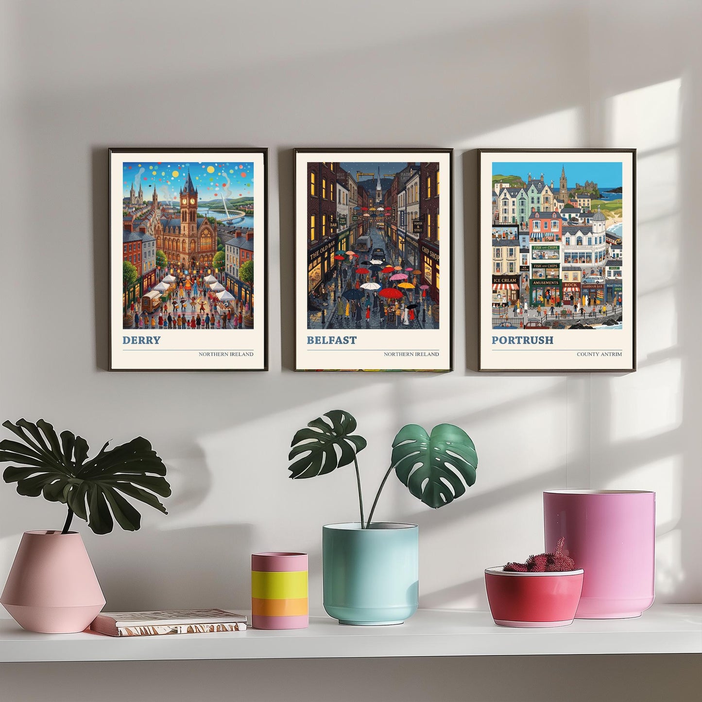 Northern Ireland Set of Three Art Prints - Derry, Belfast, Portrush - 3 Colourful Folk Illustration Travel Posters - Ulster Painting