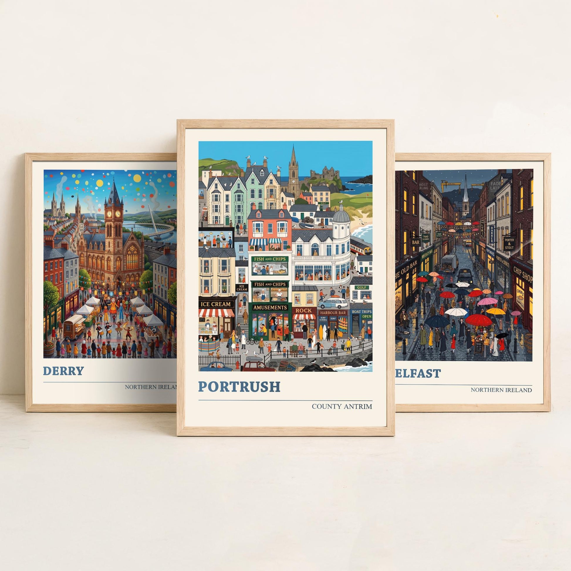 Northern Ireland Set of Three Art Prints - Derry, Belfast, Portrush - 3 Colourful Folk Illustration Travel Posters - Ulster Painting