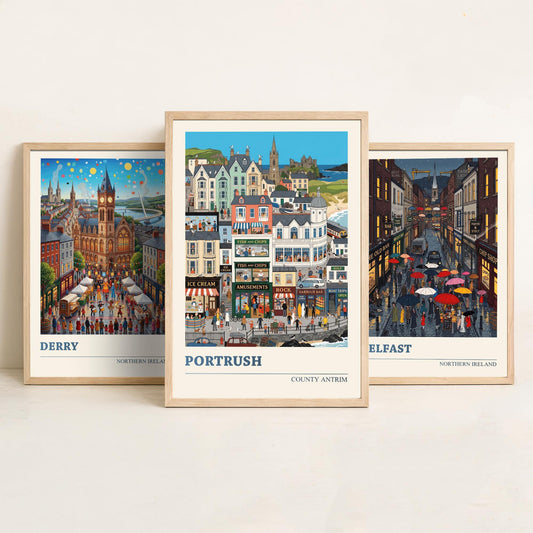 Northern Ireland Set of Three Art Prints - Derry, Belfast, Portrush - 3 Colourful Folk Illustration Travel Posters - Ulster Painting