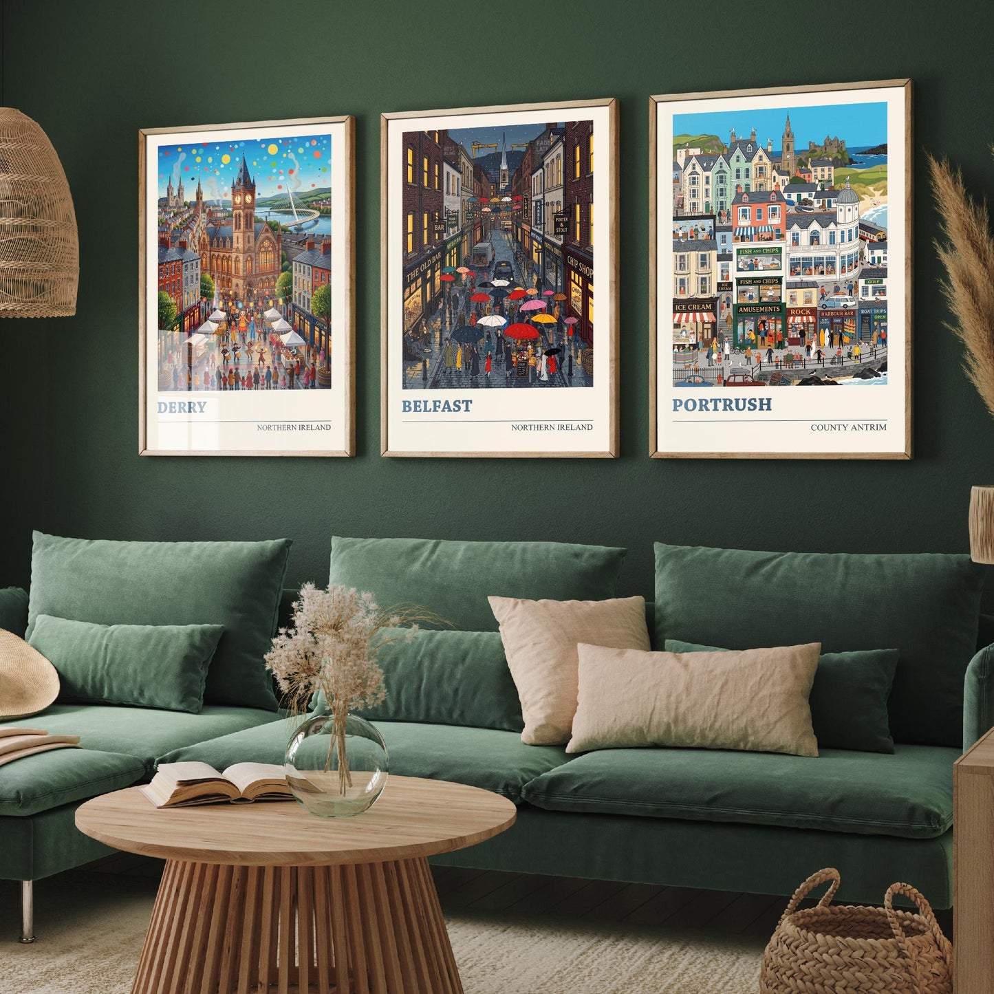 Northern Ireland Set of Three Art Prints - Derry, Belfast, Portrush - 3 Colourful Folk Illustration Travel Posters - Ulster Painting