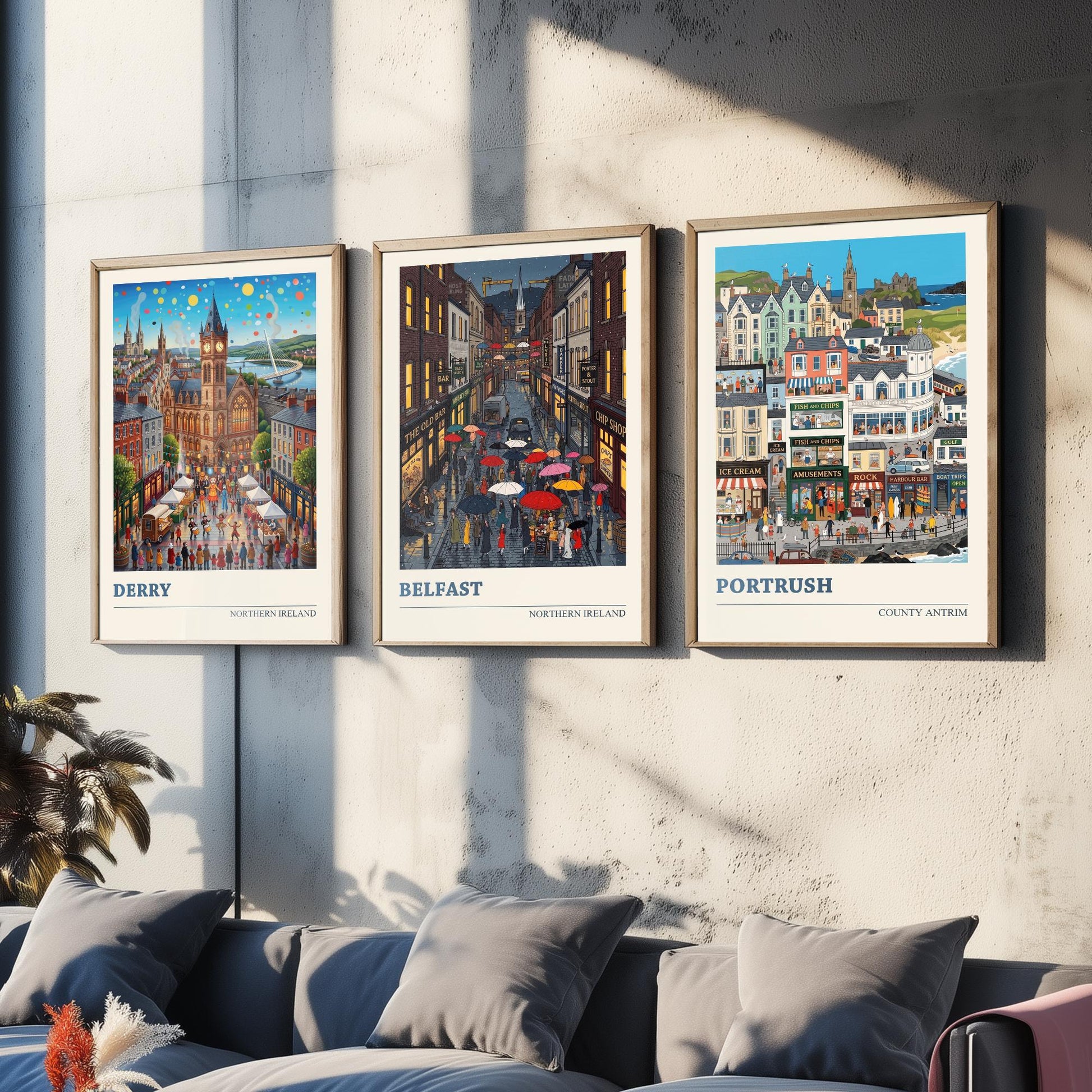 Northern Ireland Set of Three Art Prints - Derry, Belfast, Portrush - 3 Colourful Folk Illustration Travel Posters - Ulster Painting