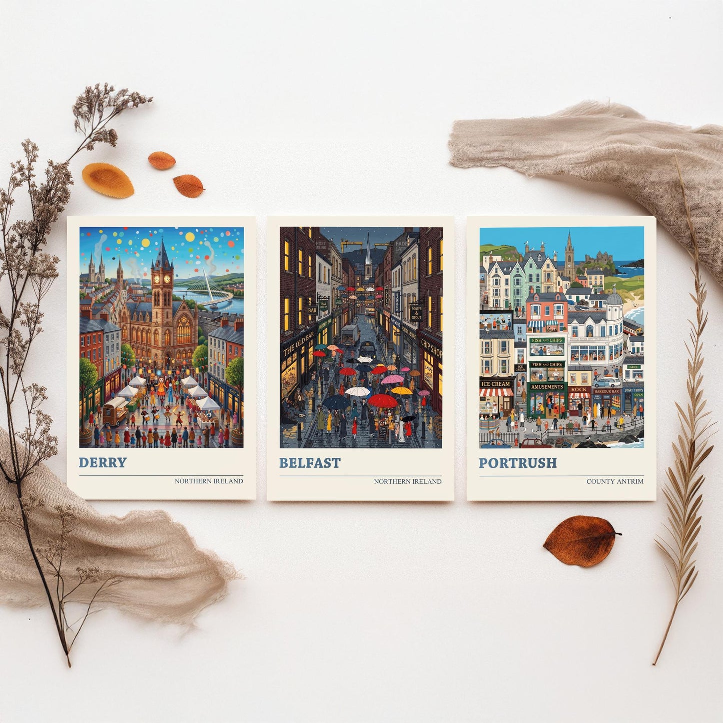Northern Ireland Set of Three Art Prints - Derry, Belfast, Portrush - 3 Colourful Folk Illustration Travel Posters - Ulster Painting