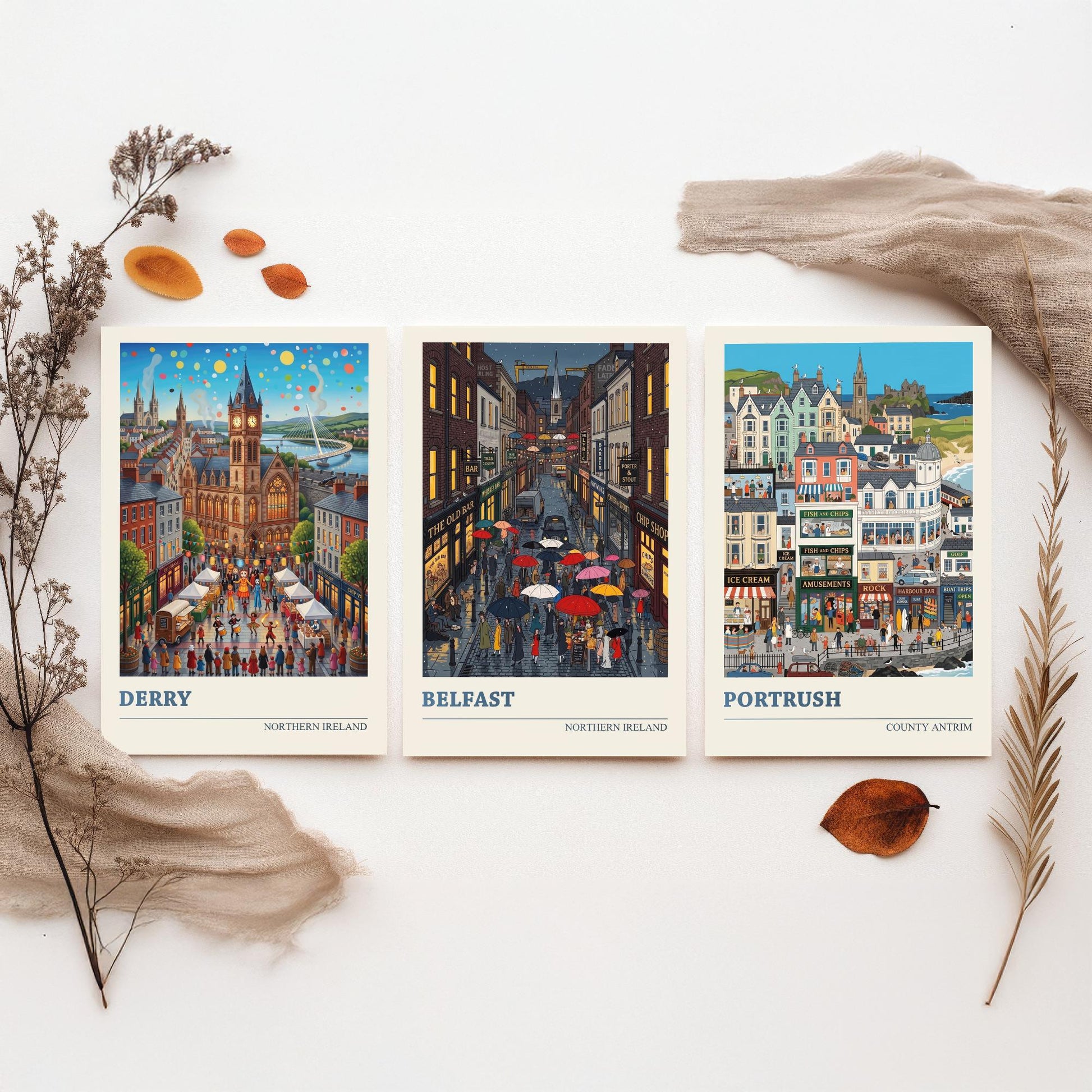 Northern Ireland Set of Three Art Prints - Derry, Belfast, Portrush - 3 Colourful Folk Illustration Travel Posters - Ulster Painting