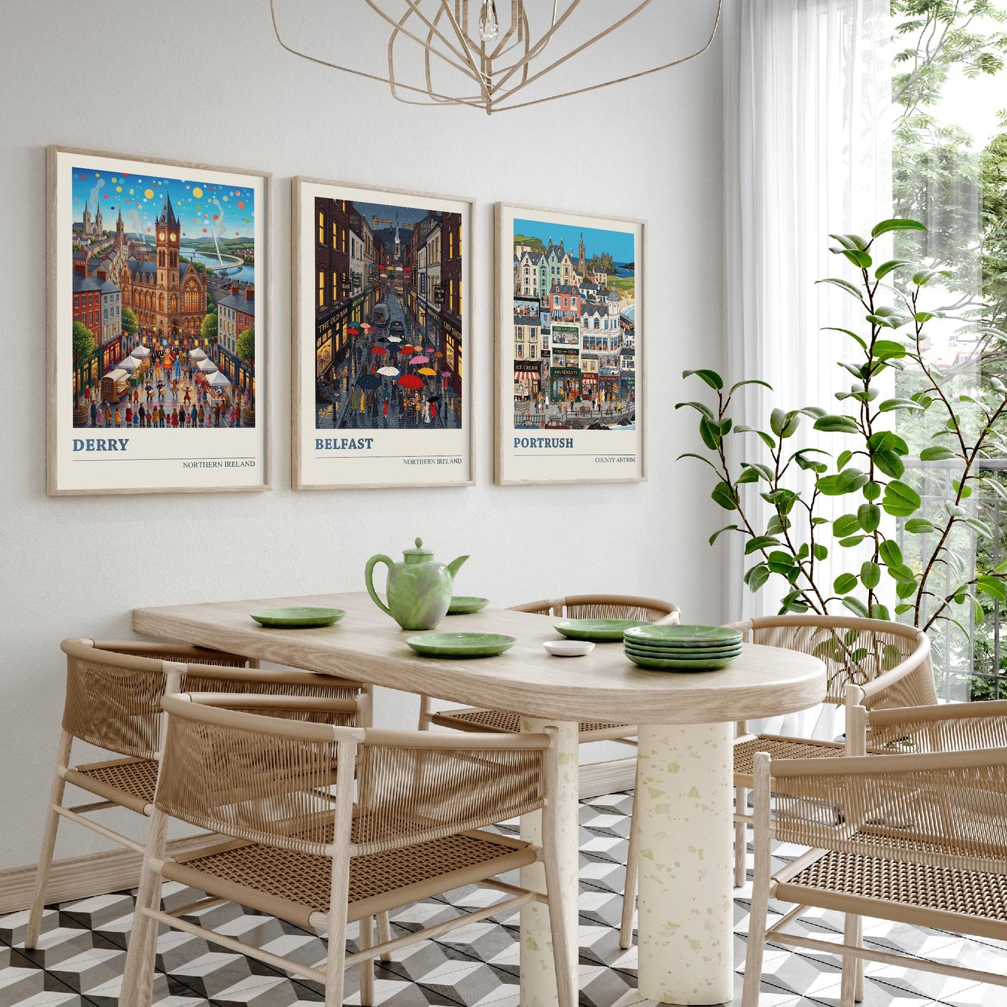 Northern Ireland Set of Three Art Prints - Derry, Belfast, Portrush - 3 Colourful Folk Illustration Travel Posters - Ulster Painting