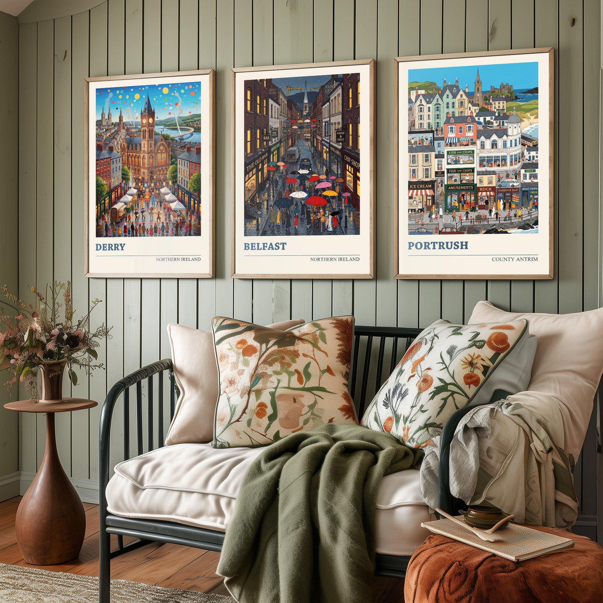 Northern Ireland Set of Three Art Prints - Derry, Belfast, Portrush - 3 Colourful Folk Illustration Travel Posters - Ulster Painting