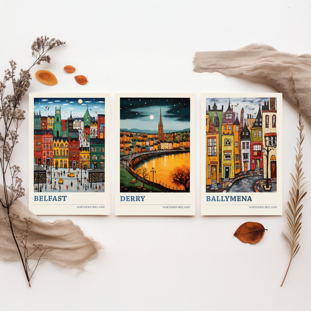Northern Ireland Set of Three Travel Posters - Belfast, Derry, Ballymena - Ludwig Folk Art Prints - Naive Painting