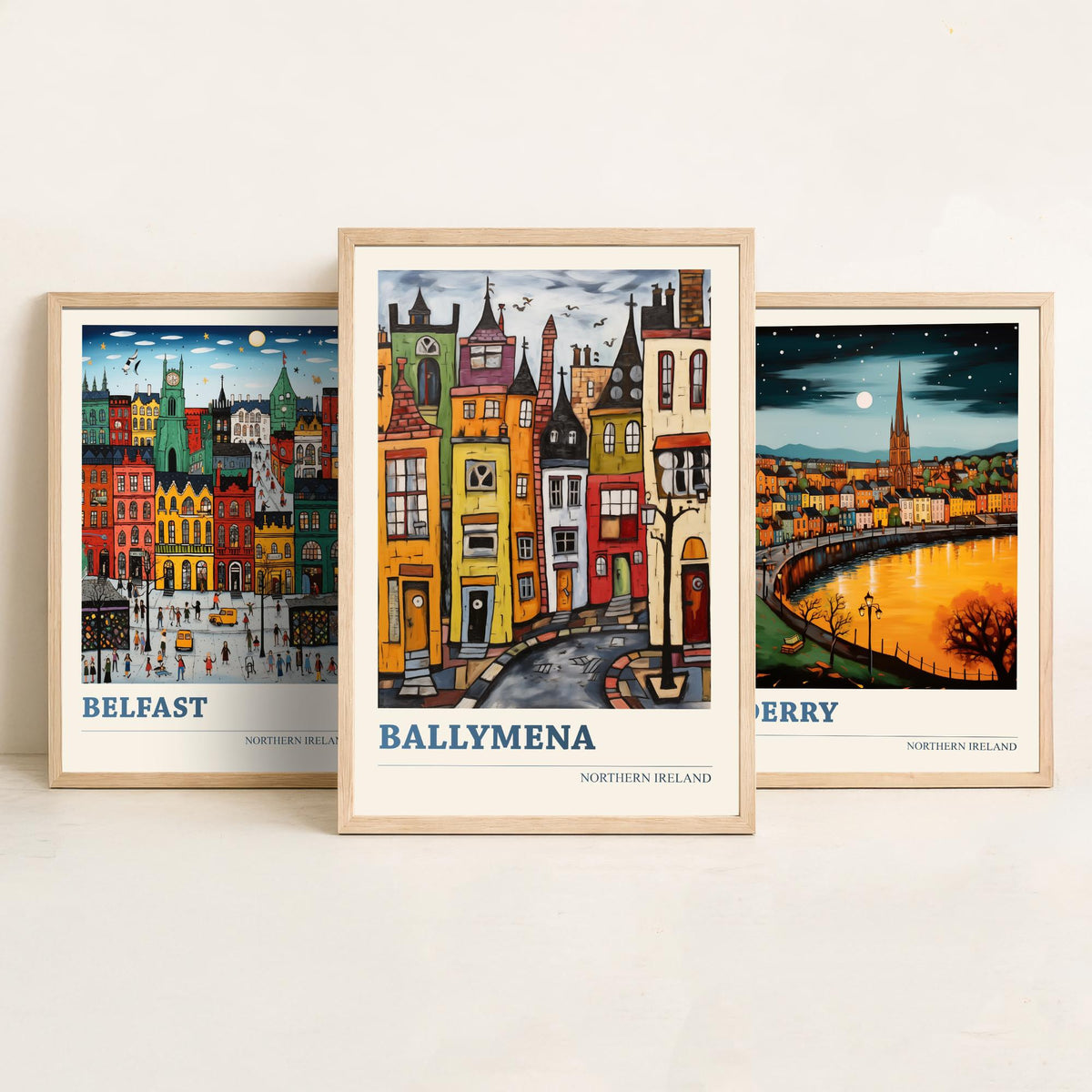 Northern Ireland Set of Three Travel Posters - Belfast, Derry, Ballymena - Ludwig Folk Art Prints - Naive Painting