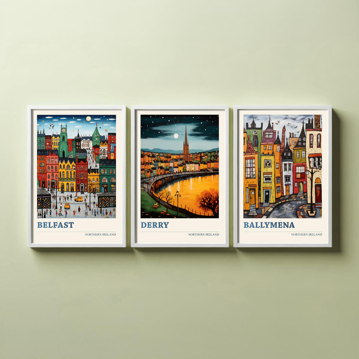 Northern Ireland Set of Three Travel Posters - Belfast, Derry, Ballymena - Ludwig Folk Art Prints - Naive Painting
