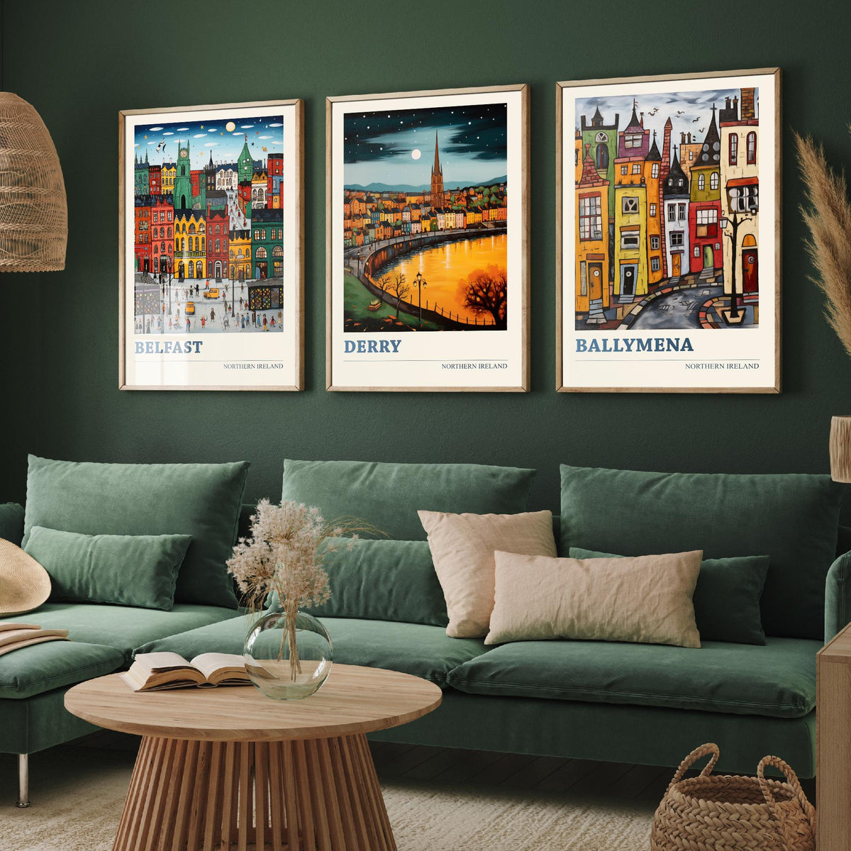 Northern Ireland Set of Three Travel Posters - Belfast, Derry, Ballymena - Ludwig Folk Art Prints - Naive Painting