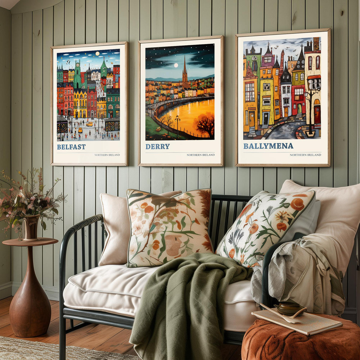 Northern Ireland Set of Three Travel Posters - Belfast, Derry, Ballymena - Ludwig Folk Art Prints - Naive Painting