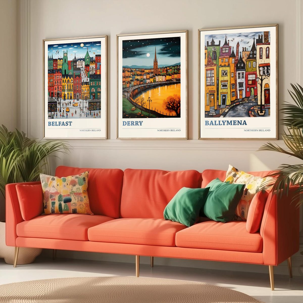 Northern Ireland Set of Three Travel Posters - Belfast, Derry, Ballymena - Ludwig Folk Art Prints - Naive Painting