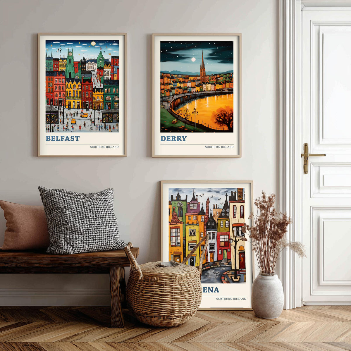 Northern Ireland Set of Three Travel Posters - Belfast, Derry, Ballymena - Ludwig Folk Art Prints - Naive Painting