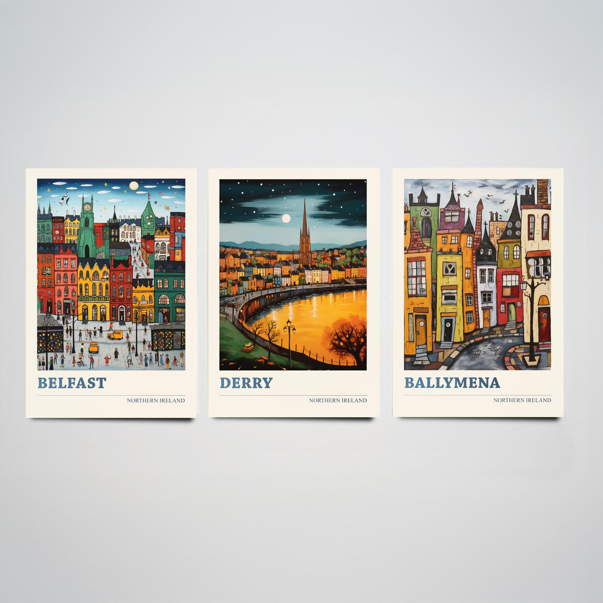 Northern Ireland Set of Three Travel Posters - Belfast, Derry, Ballymena - Ludwig Folk Art Prints - Naive Painting