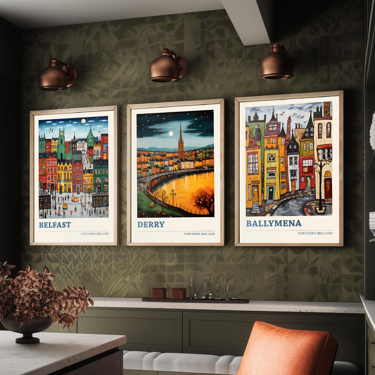 Northern Ireland Set of Three Travel Posters - Belfast, Derry, Ballymena - Ludwig Folk Art Prints - Naive Painting