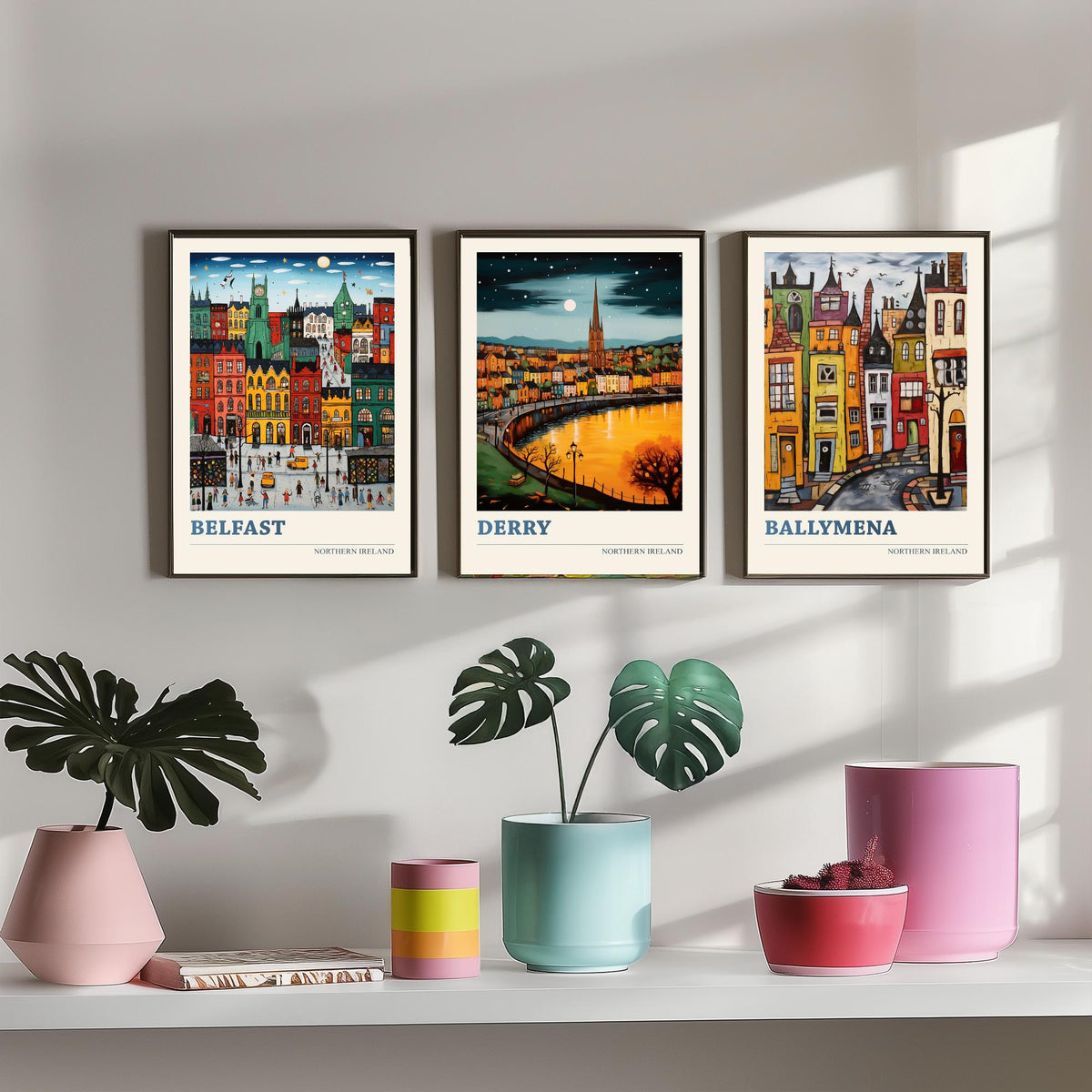 Northern Ireland Set of Three Travel Posters - Belfast, Derry, Ballymena - Ludwig Folk Art Prints - Naive Painting