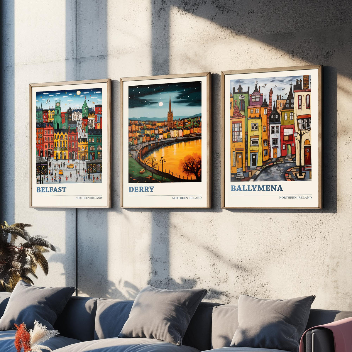 Northern Ireland Set of Three Travel Posters - Belfast, Derry, Ballymena - Ludwig Folk Art Prints - Naive Painting