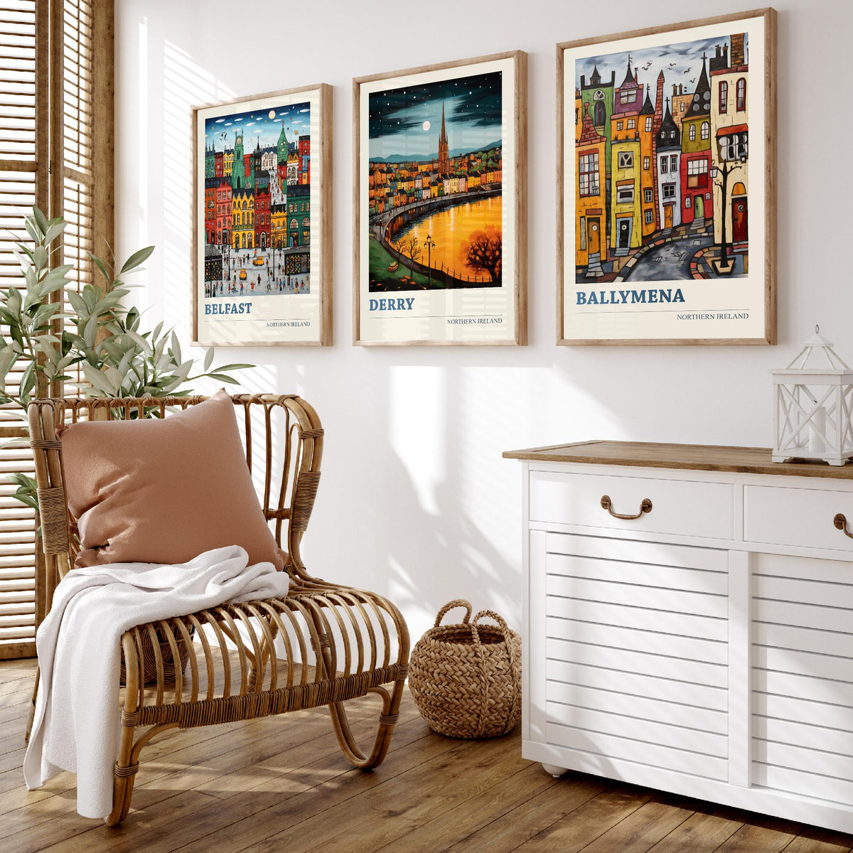 Northern Ireland Set of Three Travel Posters - Belfast, Derry, Ballymena - Ludwig Folk Art Prints - Naive Painting