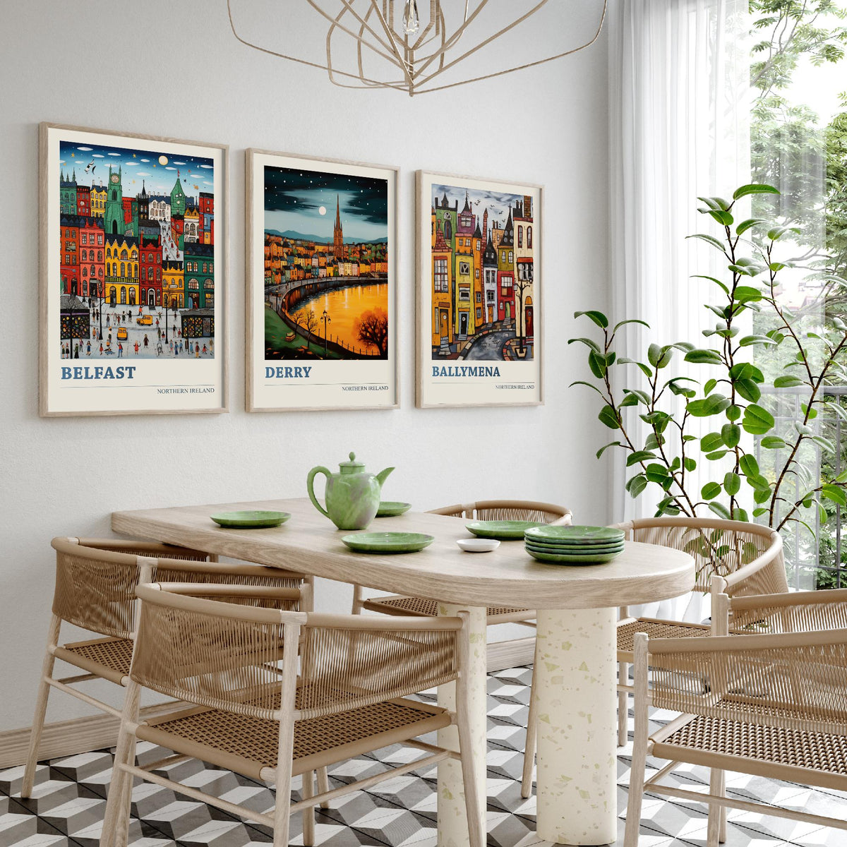Northern Ireland Set of Three Travel Posters - Belfast, Derry, Ballymena - Ludwig Folk Art Prints - Naive Painting