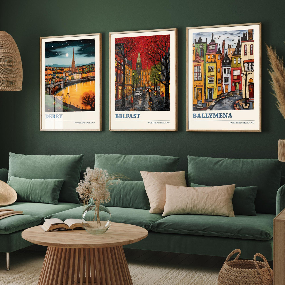 Northern Ireland Set of Three Travel Posters - Derry, Belfast, Ballymena - Ludwig Folk Art Prints - Naive Painting