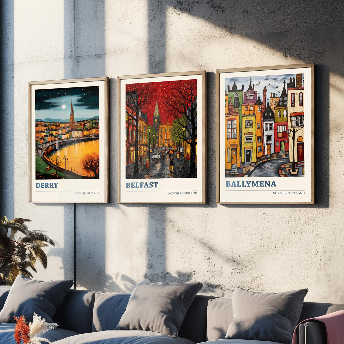 Northern Ireland Set of Three Travel Posters - Derry, Belfast, Ballymena - Ludwig Folk Art Prints - Naive Painting