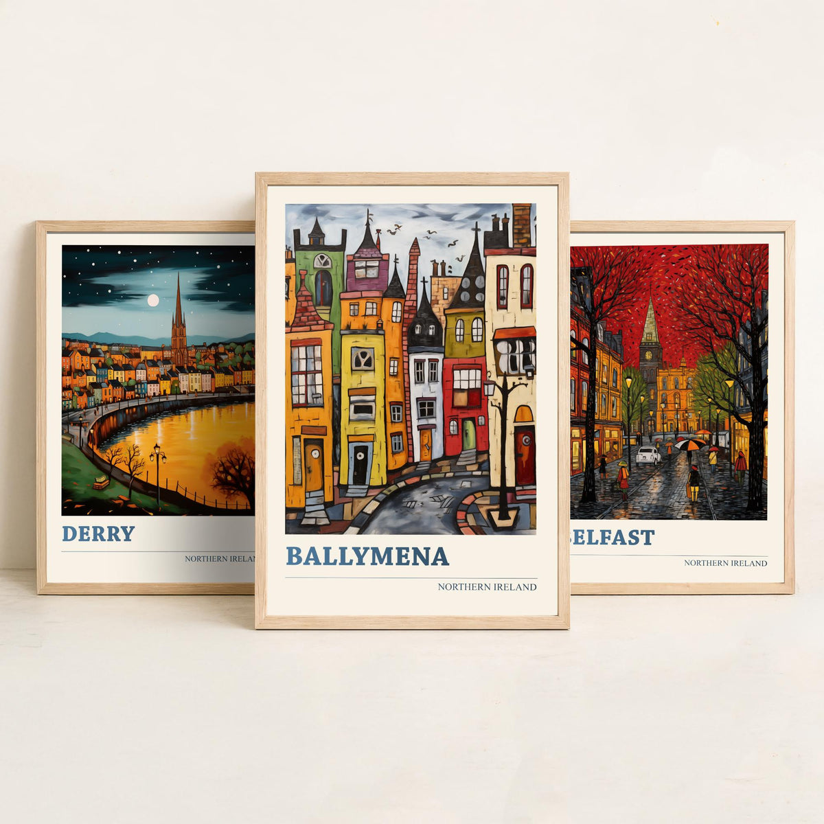 Northern Ireland Set of Three Travel Posters - Derry, Belfast, Ballymena - Ludwig Folk Art Prints - Naive Painting
